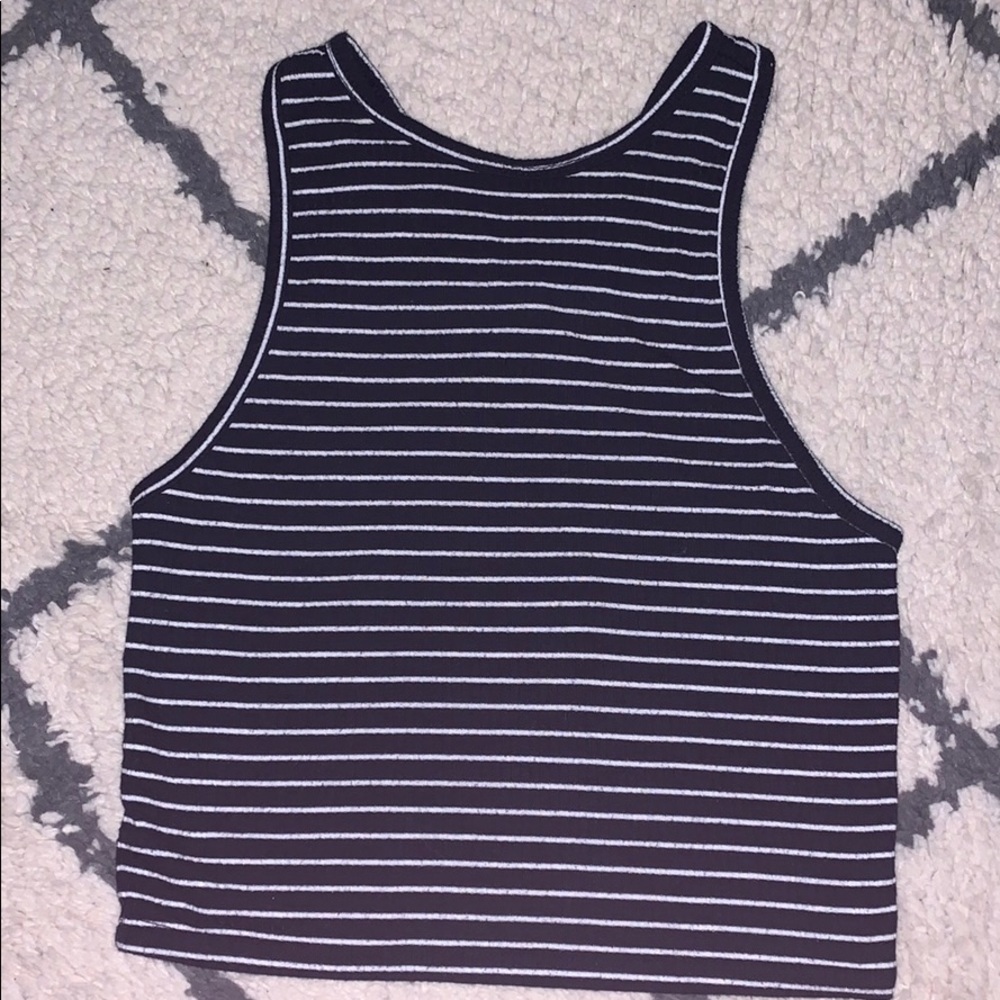 Black and white halter crop top, cross back.